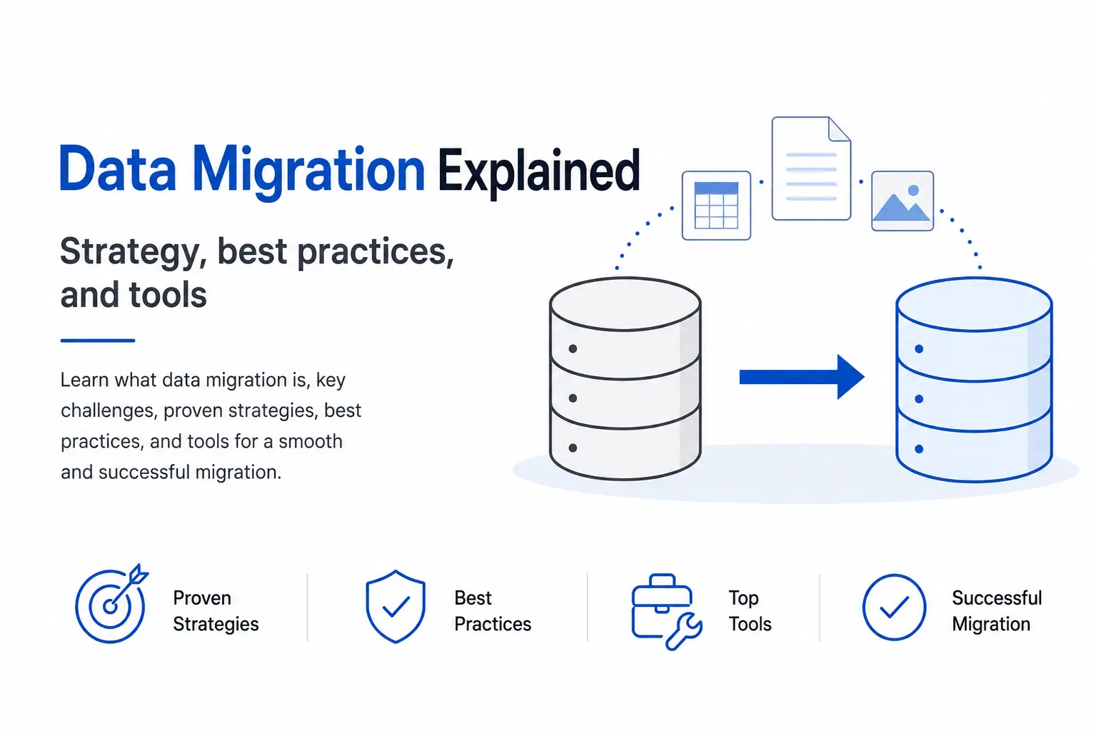 Data Migration Strategy, Best Practices and Tools Data migration illustration showing data moving between databases with strategy, best practices, and tools.