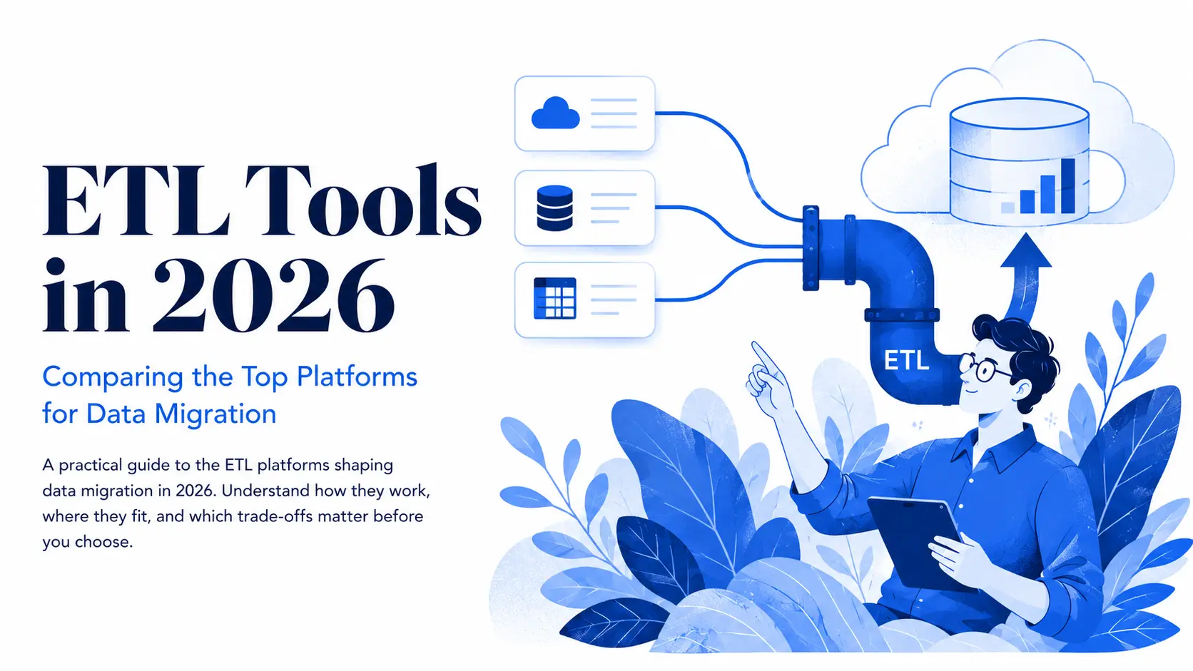 ETL Tools in 2026: Data Migration Platform Comparison Illustration of ETL tools connecting cloud, database, and spreadsheet sources to a cloud data warehouse in 2026.