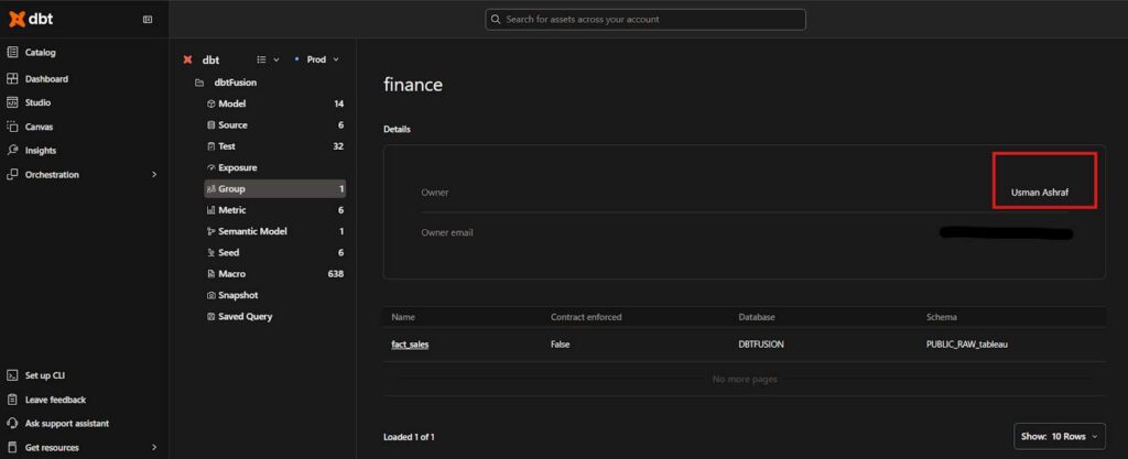 Every Model of dbt-fusion show the define owner
